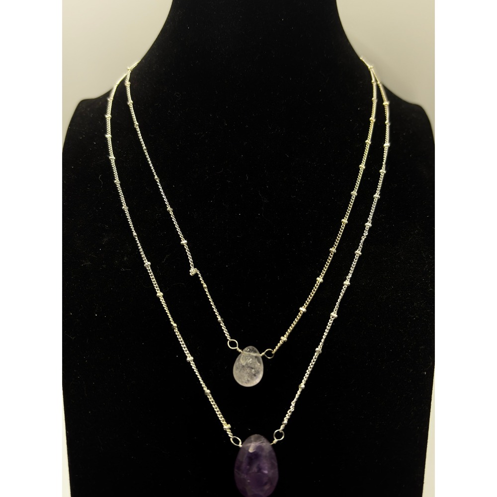 Sonoma Layered Necklace Womens 15" Silver Purple Pink‎ Genuine Stone Teardrop